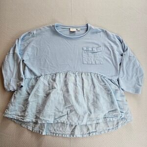 Anthropologie Postmark Blue Linen Cotton Babydoll Top Relaxed Beach Coastal M